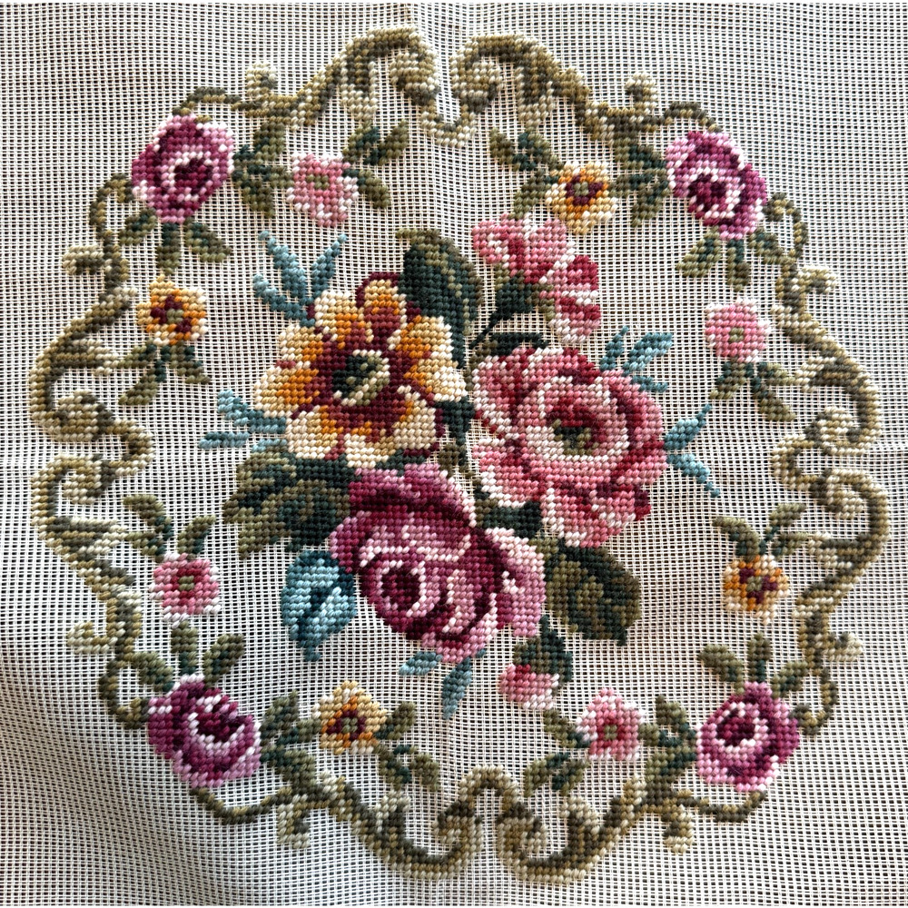 Vintage Preworked Decorator Needlepoint Canvas Floral Roses Ring Design 12 x 12